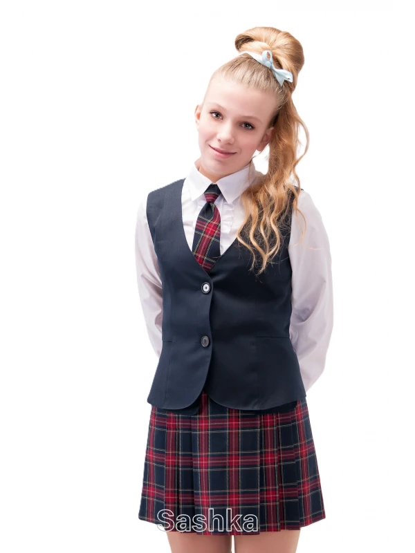 Жилет для дівчинки підлітка Sashka шкільний синій з баскою (напіввовна), розмір 152-176